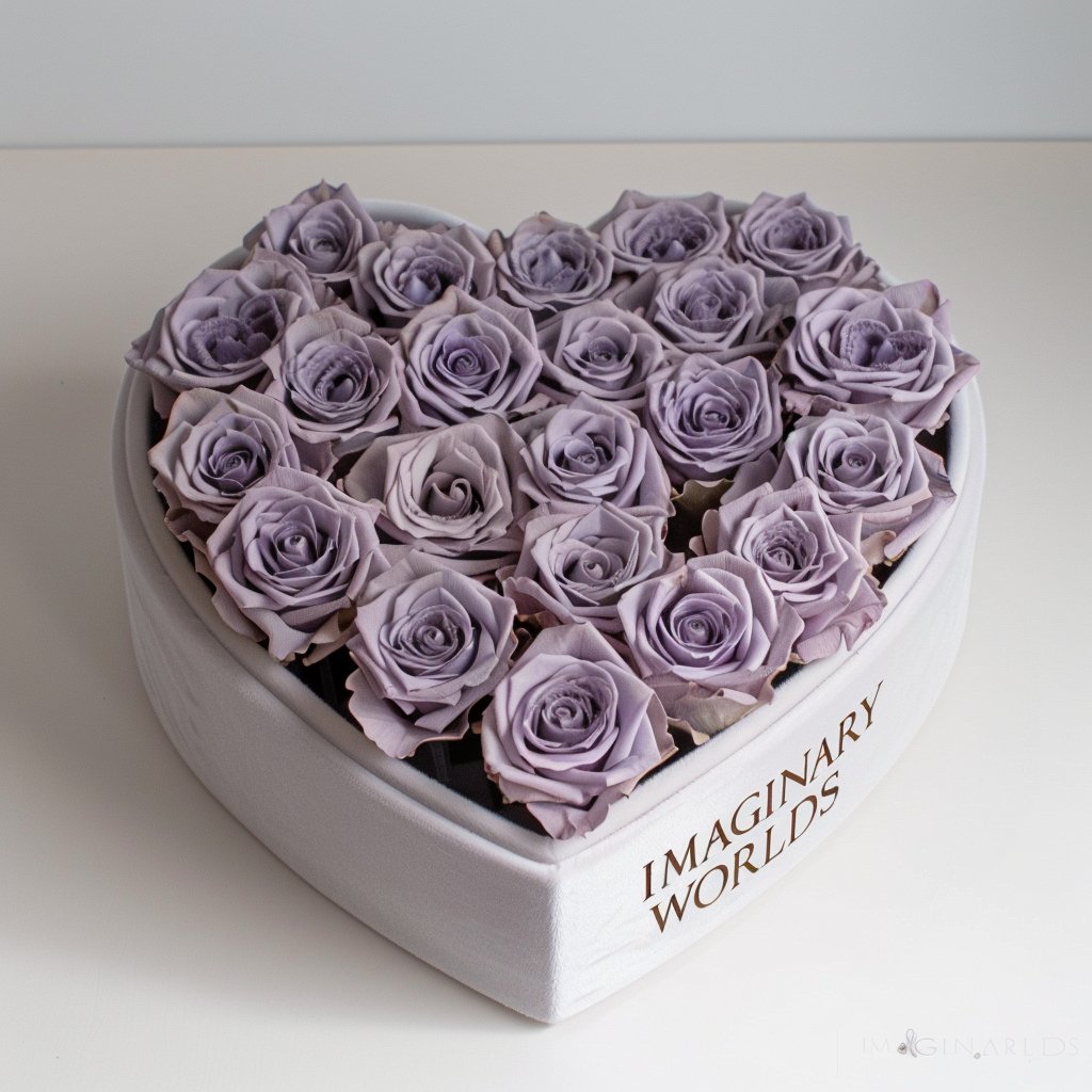 Lavender Roses in White Heart - Shaped Velvet Box - Imaginary Worlds