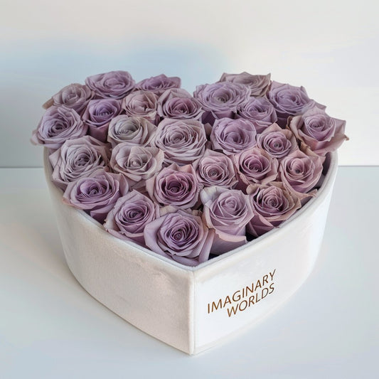 Lavender Roses in White Heart - Shaped Velvet Box - Imaginary Worlds