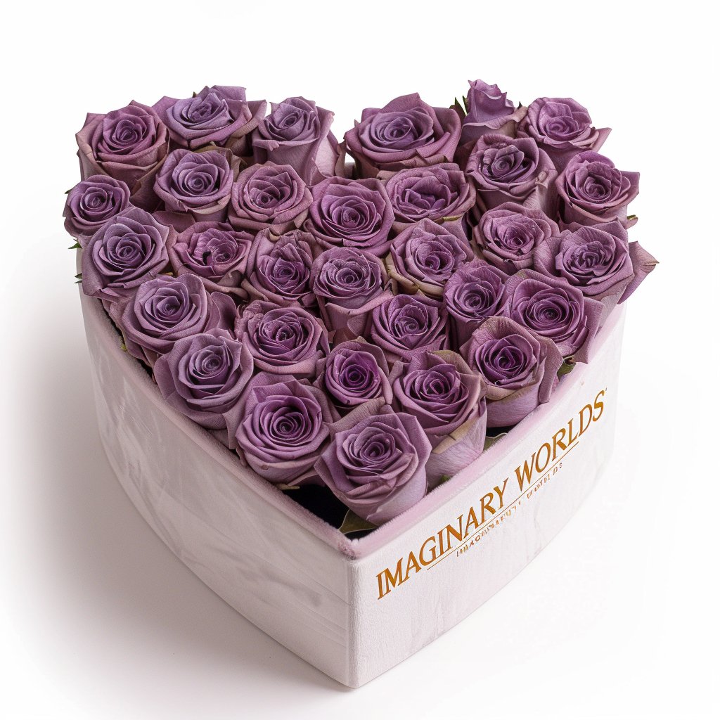 Lavender Roses in White Heart - Shaped Velvet Box - Imaginary Worlds