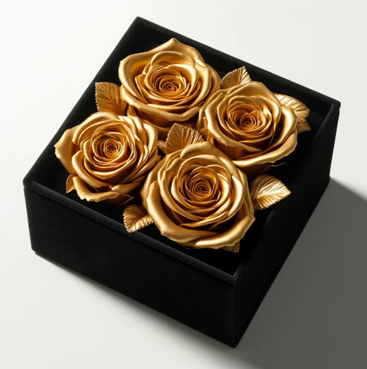 Luxurious Golden Forever Roses in Black Velvet Box - Imaginary Worlds