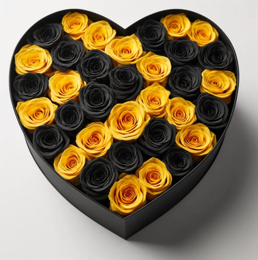 Midnight Sun Roses in Heart-Shaped Black Box - Imaginary Worlds