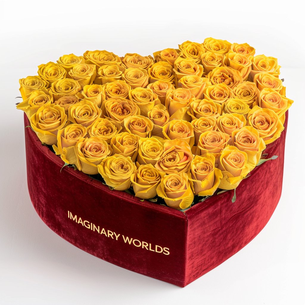 Mustard Yellow Forever Roses in Heart - Shaped Velvet Box - Imaginary Worlds