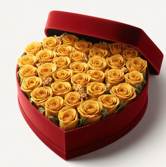 Mustard Yellow Forever Roses in Heart-Shaped Velvet Box - Imaginary Worlds