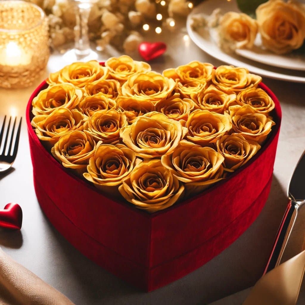 Mustard Yellow Forever Roses in Heart-Shaped Velvet Box - Imaginary Worlds