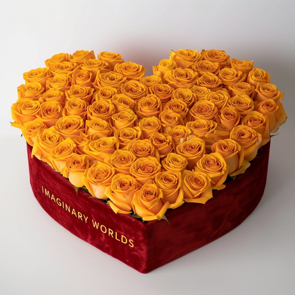 Mustard Yellow Forever Roses in Heart - Shaped Velvet Box - Imaginary Worlds