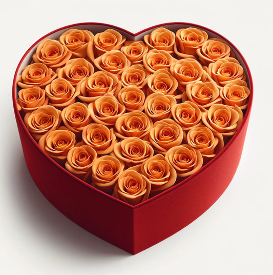 Orange Forever Roses in Heart-Shaped Velvet Box - Imaginary Worlds