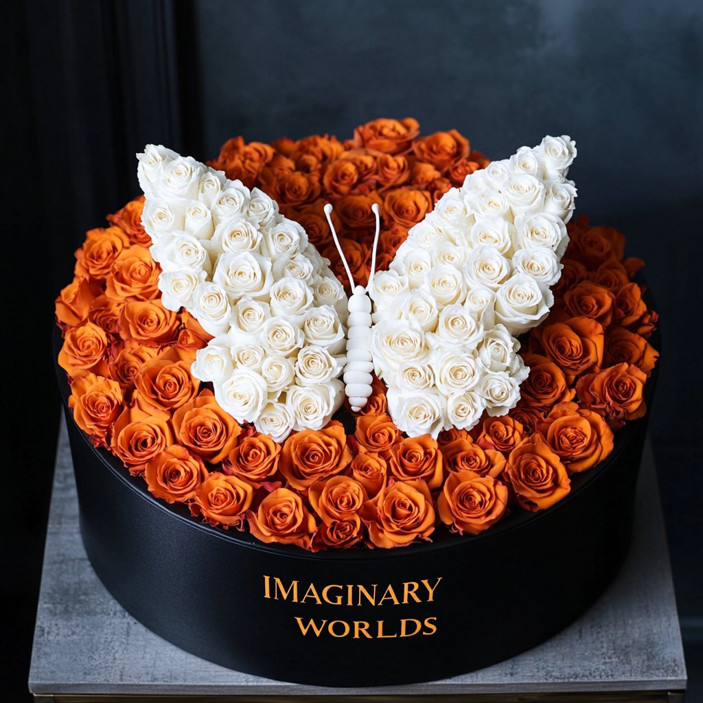 Orange Ramo Buchon White Roses Butterfly - Imaginary Worlds