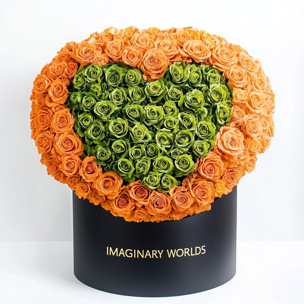 Orange Ramo Buchon with Green Rose Heart - Imaginary Worlds