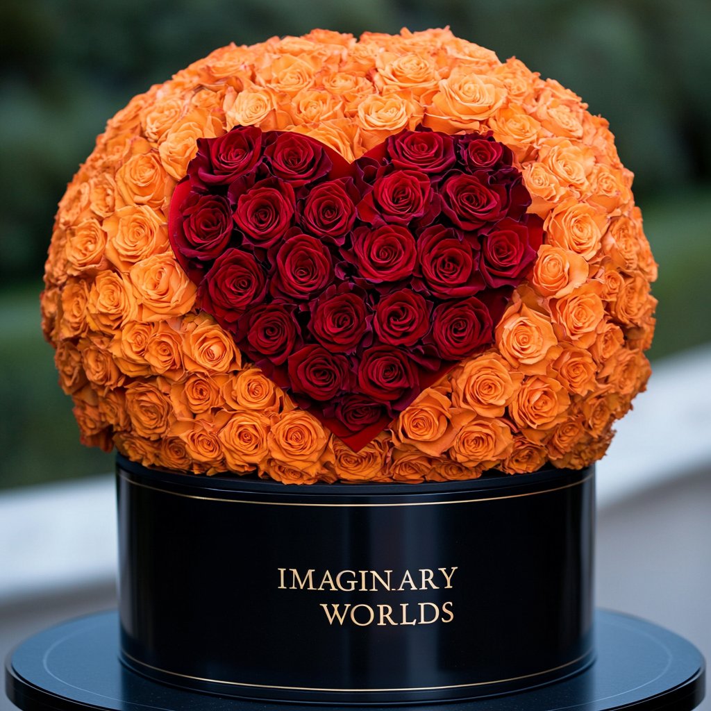 Orange Ramo Buchon with Red Rose Heart - Imaginary Worlds