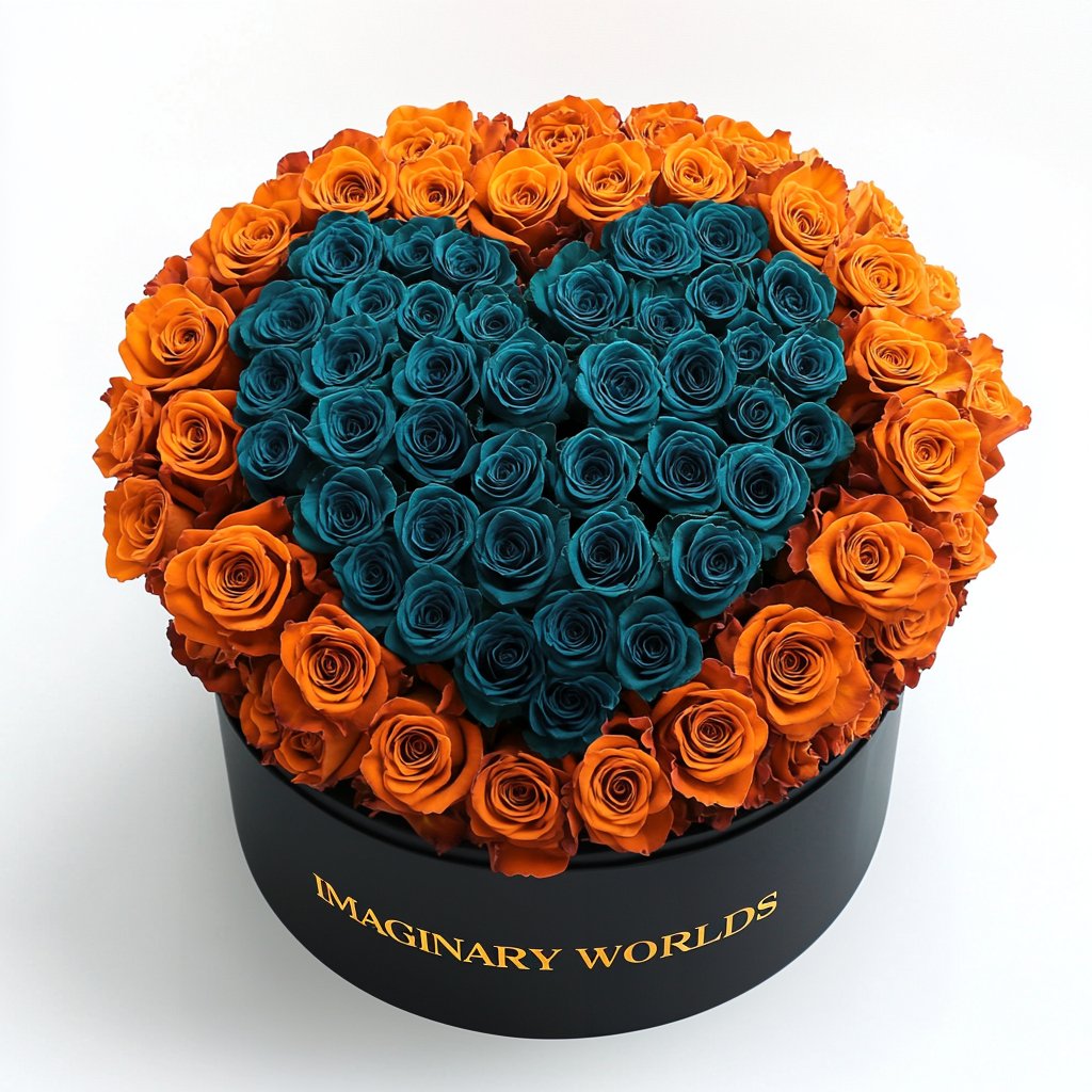 Orange Ramo Buchon with Teal Rose Heart - Imaginary Worlds