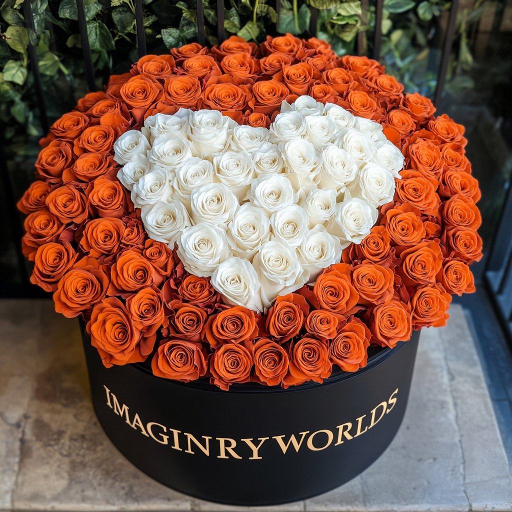 Orange Ramo Buchon with White Rose Heart - Imaginary Worlds