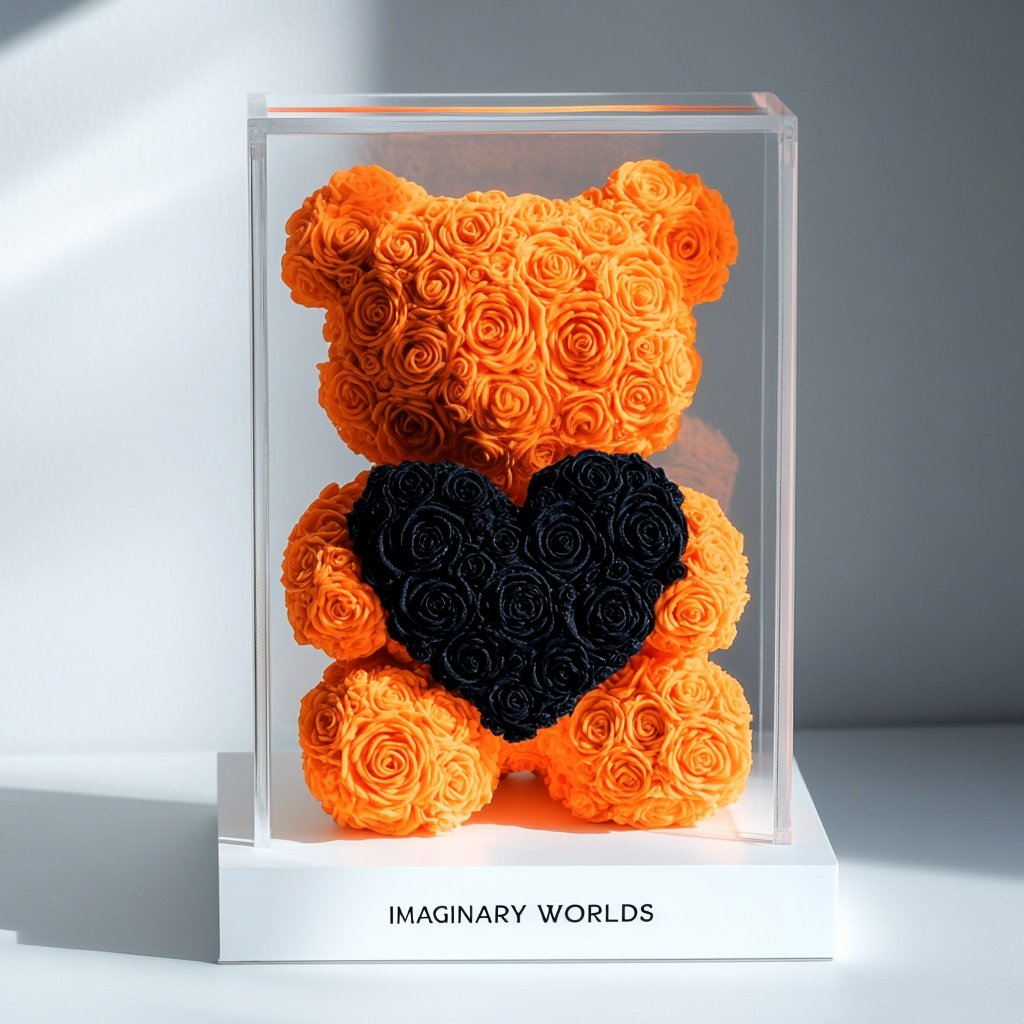 Orange Rose Bear with Black Heart - Imaginary Worlds