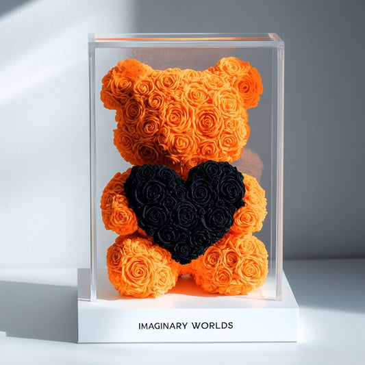 Orange Rose Bear with Black Heart - Imaginary Worlds