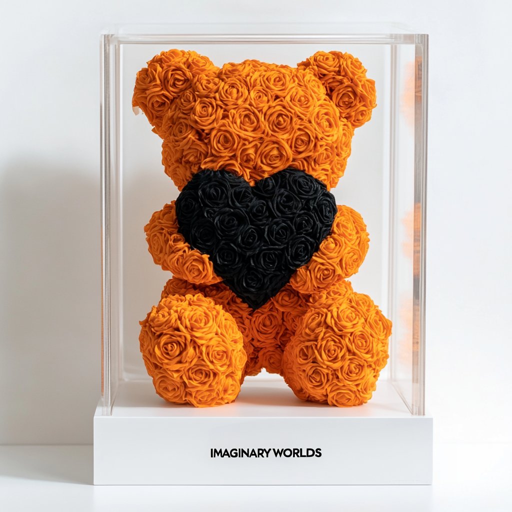 Orange Rose Bear with Black Heart - Imaginary Worlds