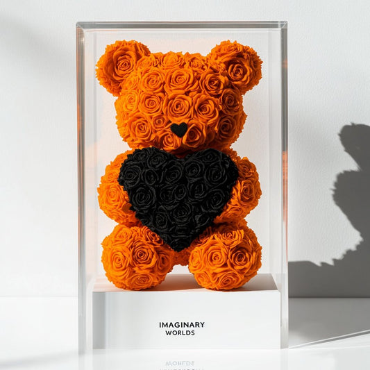 Orange Rose Bear with Black Heart - Imaginary Worlds