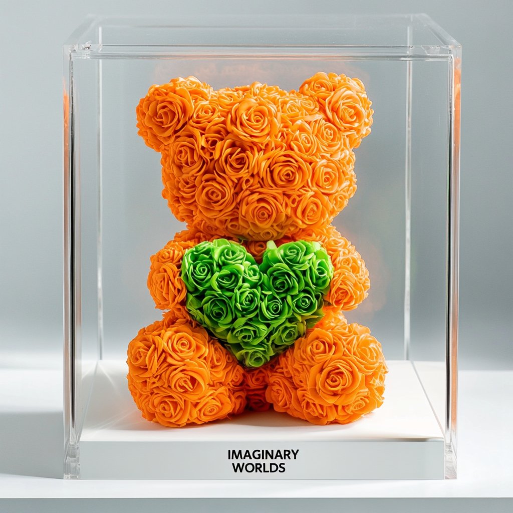 Orange Rose Bear with Green Heart - Imaginary Worlds