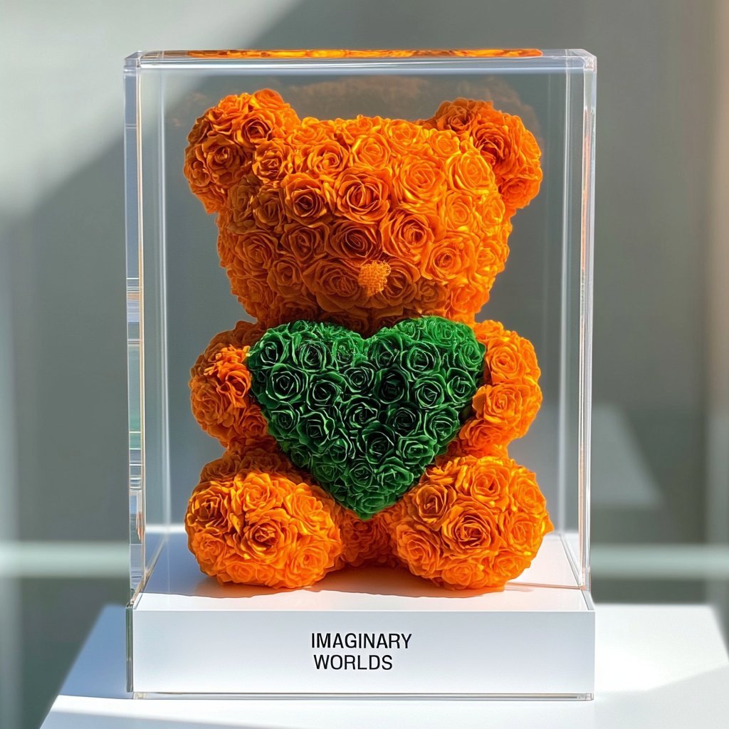 Orange Rose Bear with Green Heart - Imaginary Worlds