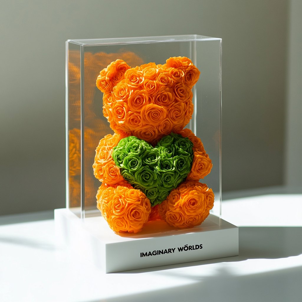 Orange Rose Bear with Green Heart - Imaginary Worlds