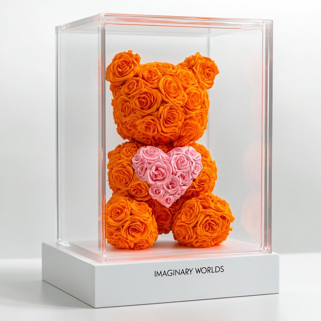 Orange Rose Bear with Pink Heart - Imaginary Worlds