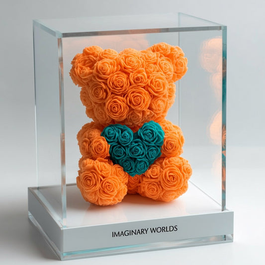 Orange Rose Bear with Teal Heart - Imaginary Worlds