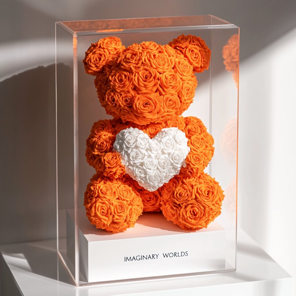 Orange Rose Bear with White Heart - Imaginary Worlds