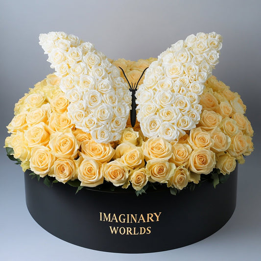 Pale Yellow Ramo Buchon White Roses Butterfly - Imaginary Worlds