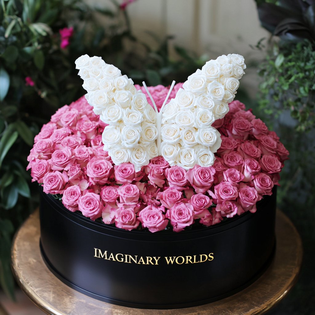 Pink Ramo Buchon White Roses Butterfly - Imaginary Worlds