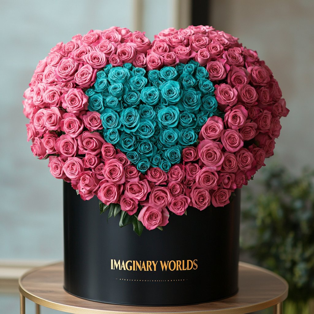 Pink Ramo Buchon with Teal Rose Heart - Imaginary Worlds