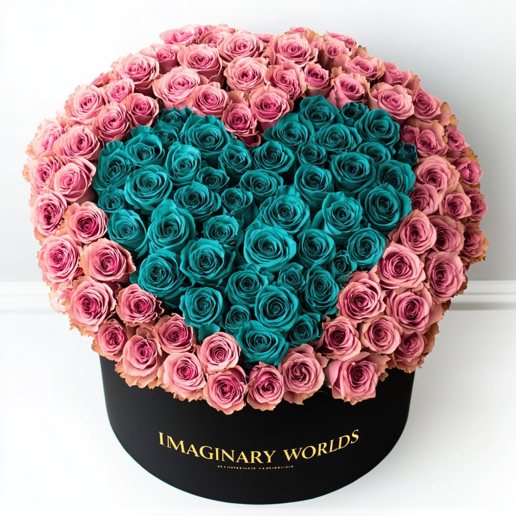 Pink Ramo Buchon with Teal Rose Heart - Imaginary Worlds