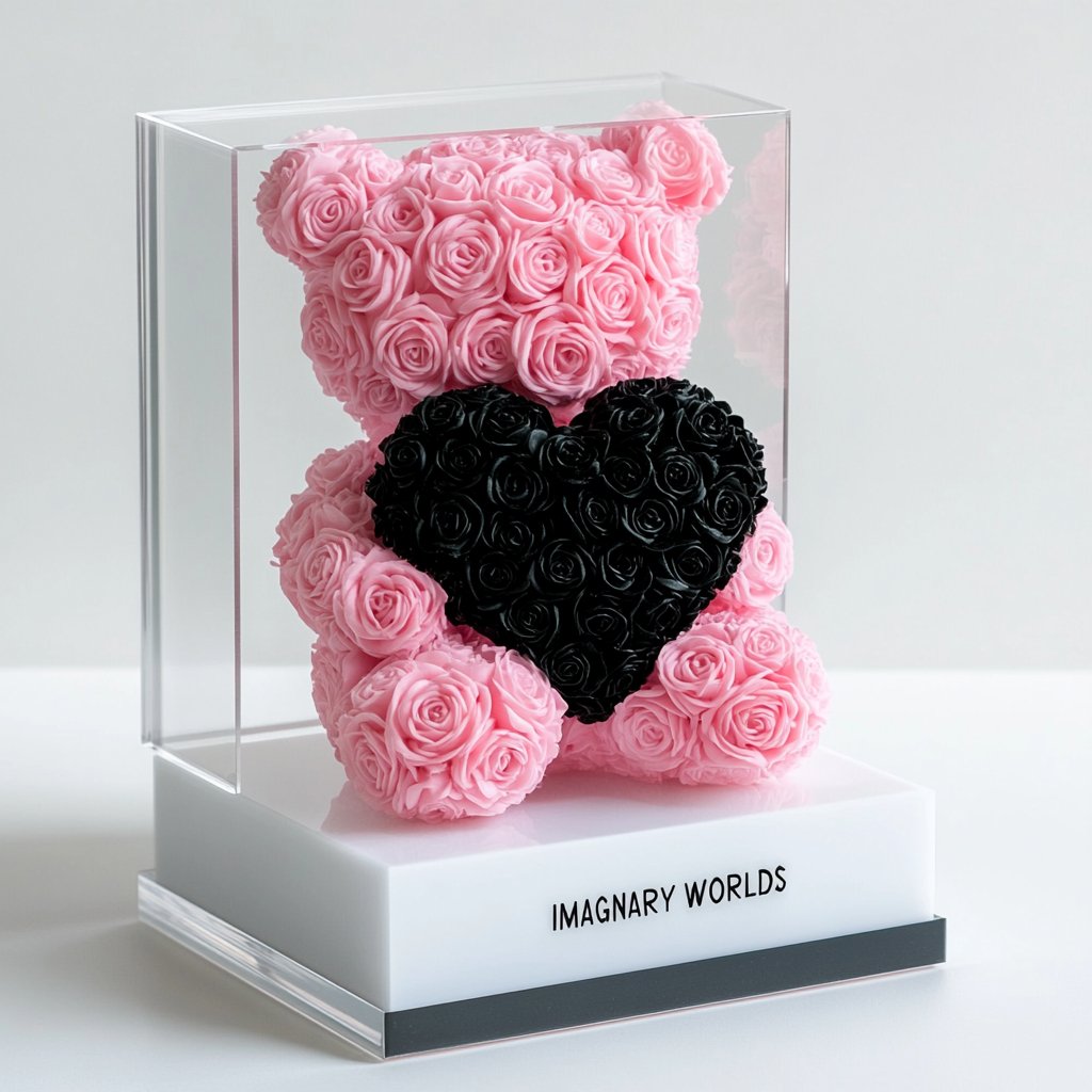 Pink Rose Bear with Black Roses Heart - Imaginary Worlds