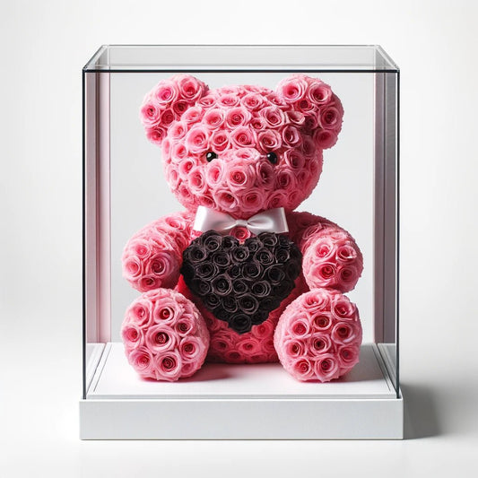 Pink Rose Bear with Black Roses Heart - Imaginary Worlds