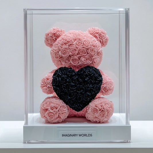 Pink Rose Bear with Black Roses Heart - Imaginary Worlds