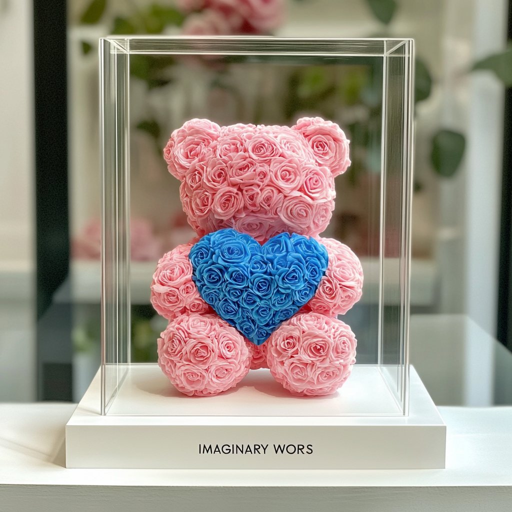 Pink Rose Bear with Blue Roses Heart - Imaginary Worlds