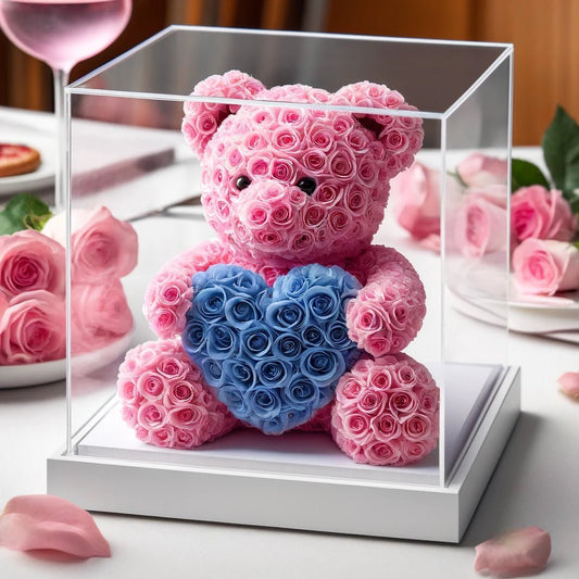 Pink Rose Bear with Blue Roses Heart - Imaginary Worlds
