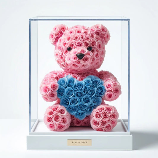 Pink Rose Bear with Blue Roses Heart - Imaginary Worlds