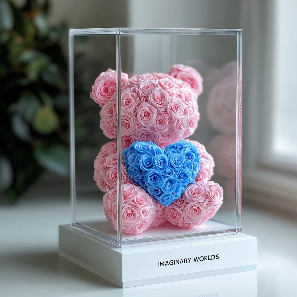 Pink Rose Bear with Blue Roses Heart - Imaginary Worlds