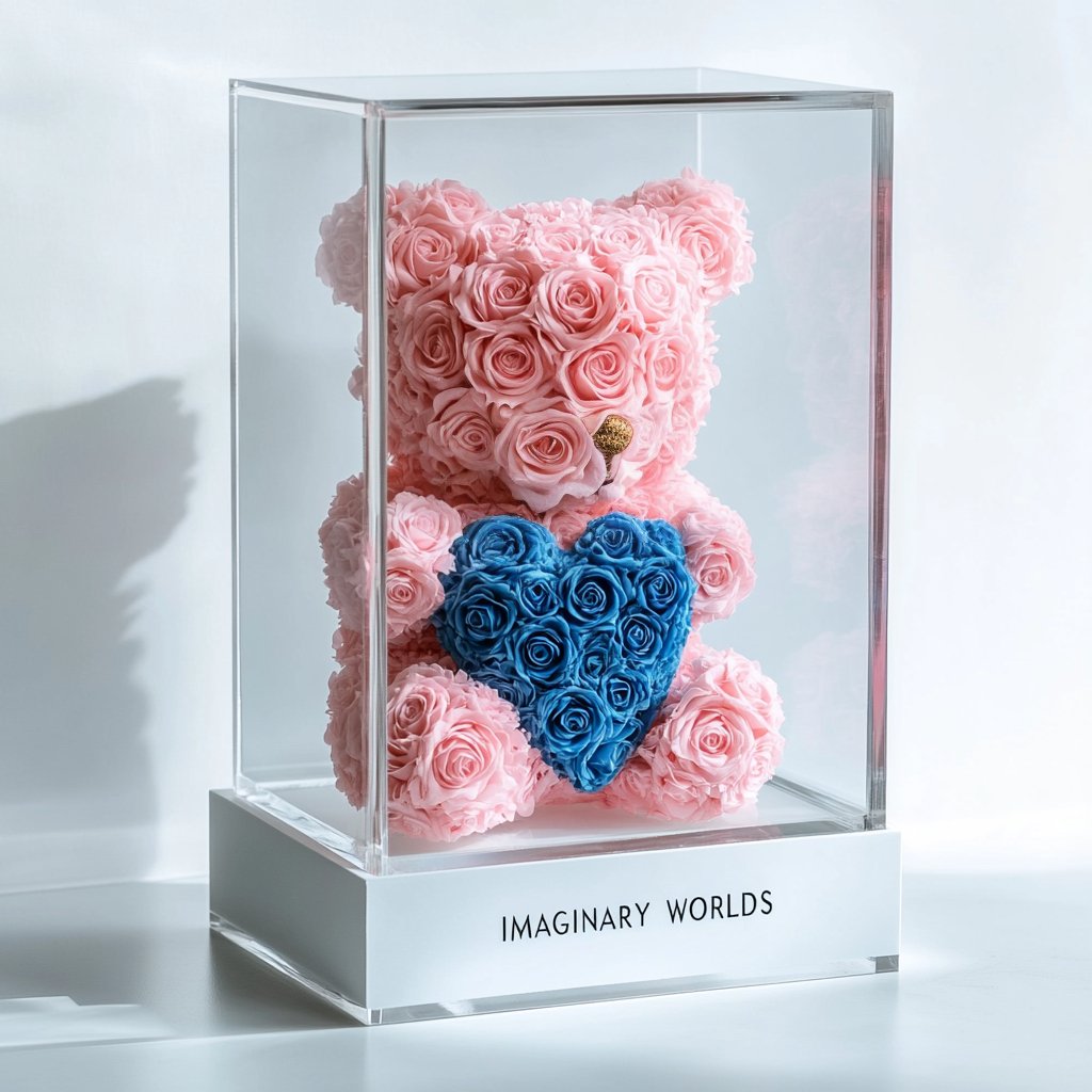 Pink Rose Bear with Blue Roses Heart - Imaginary Worlds