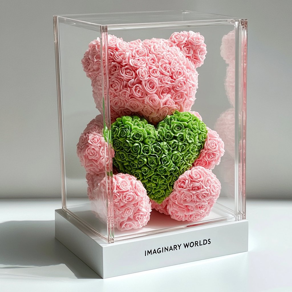 Pink Rose Bear with Green Roses Heart - Imaginary Worlds