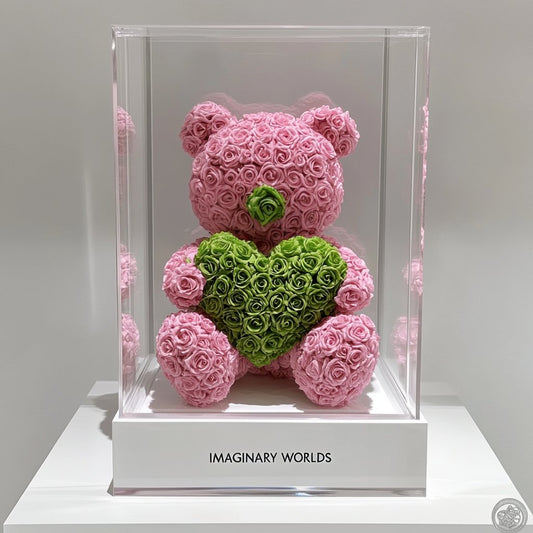 Pink Rose Bear with Green Roses Heart - Imaginary Worlds