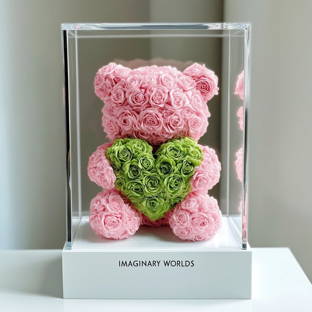 Pink Rose Bear with Green Roses Heart - Imaginary Worlds