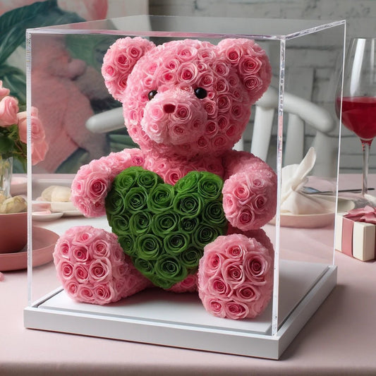 Pink Rose Bear with Green Roses Heart - Imaginary Worlds