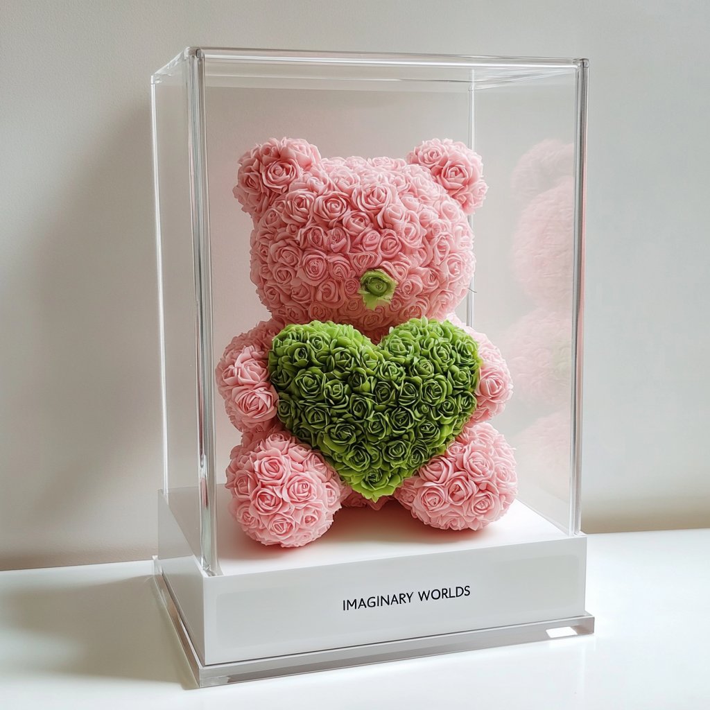 Pink Rose Bear with Green Roses Heart - Imaginary Worlds