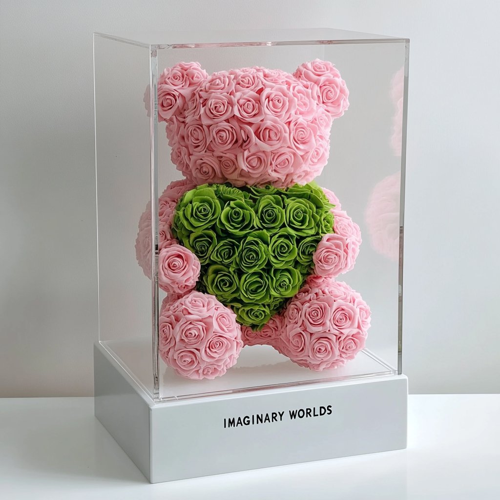 Pink Rose Bear with Green Roses Heart - Imaginary Worlds