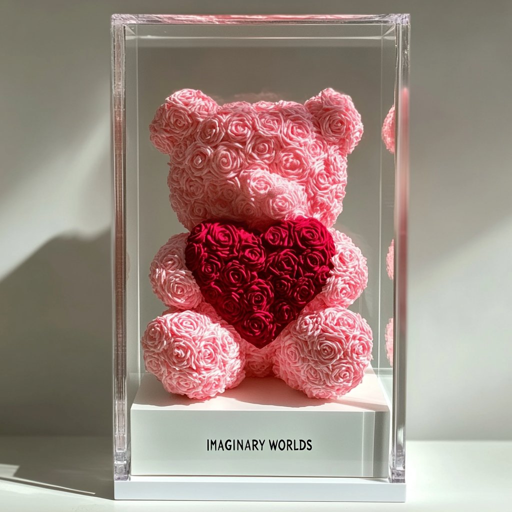 Pink Rose Bear with Magenta Roses Heart - Imaginary Worlds