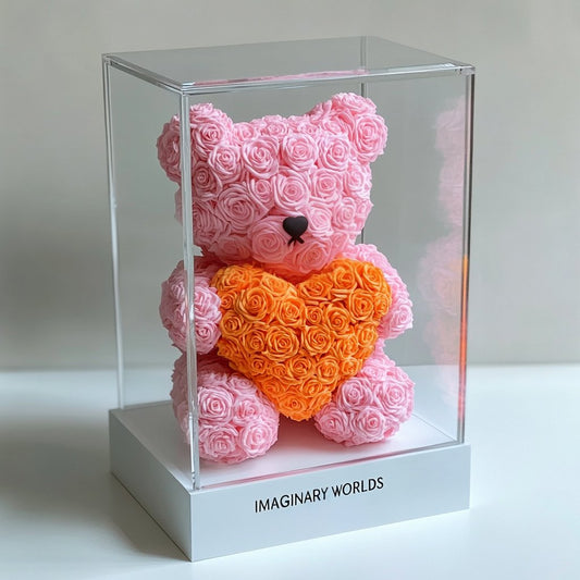 Pink Rose Bear with Orange Roses Heart - Imaginary Worlds