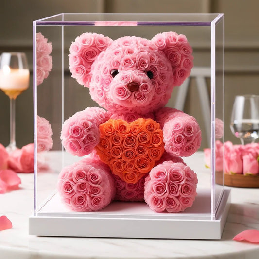 Pink Rose Bear with Orange Roses Heart - Imaginary Worlds