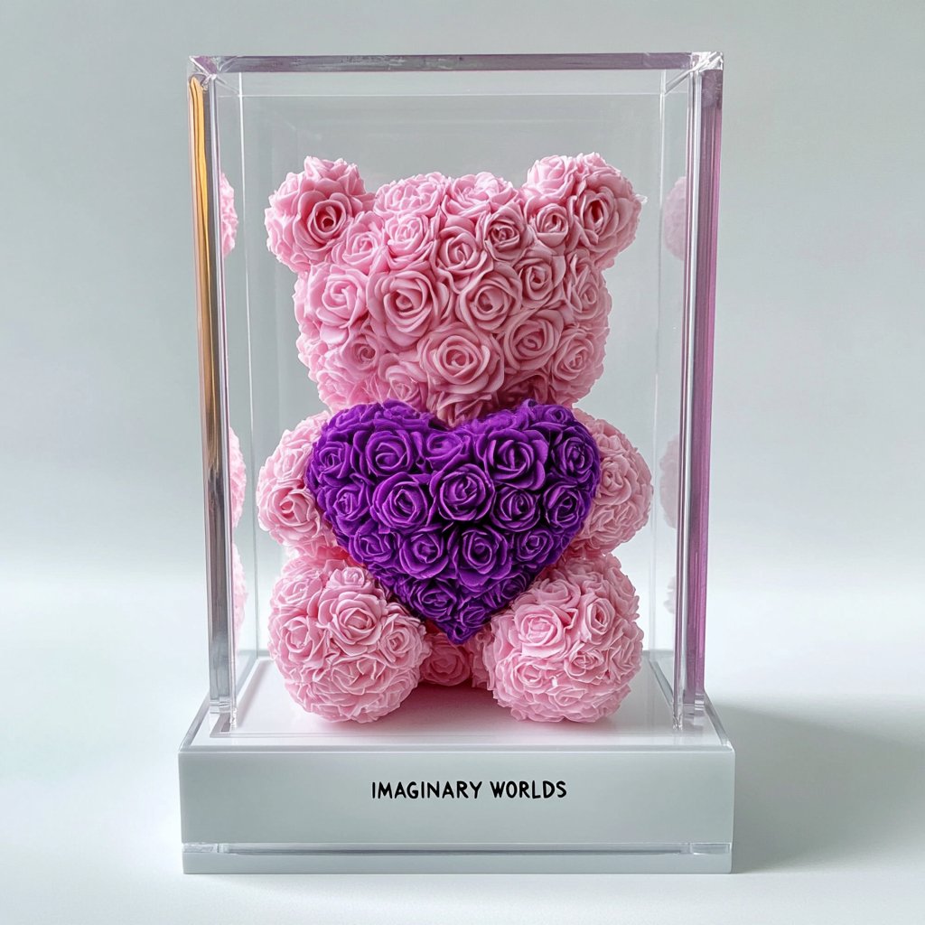 Pink Rose Bear with Purple Roses Heart - Imaginary Worlds