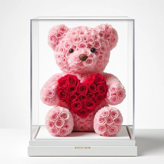 Pink Rose Bear with Red Roses Heart - Imaginary Worlds