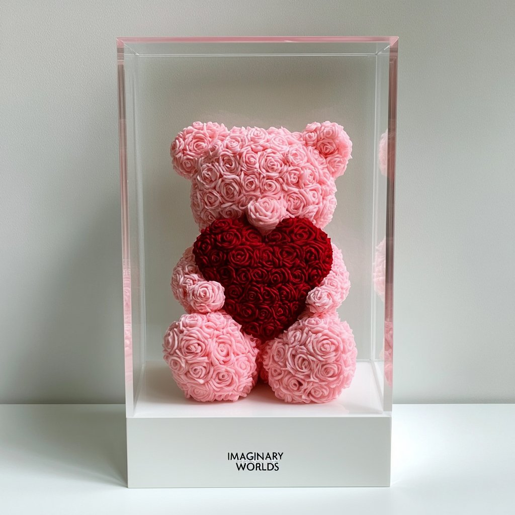 Pink Rose Bear with Red Roses Heart - Imaginary Worlds