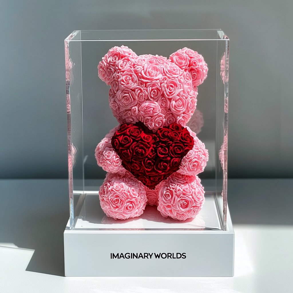 Pink Rose Bear with Red Roses Heart - Imaginary Worlds